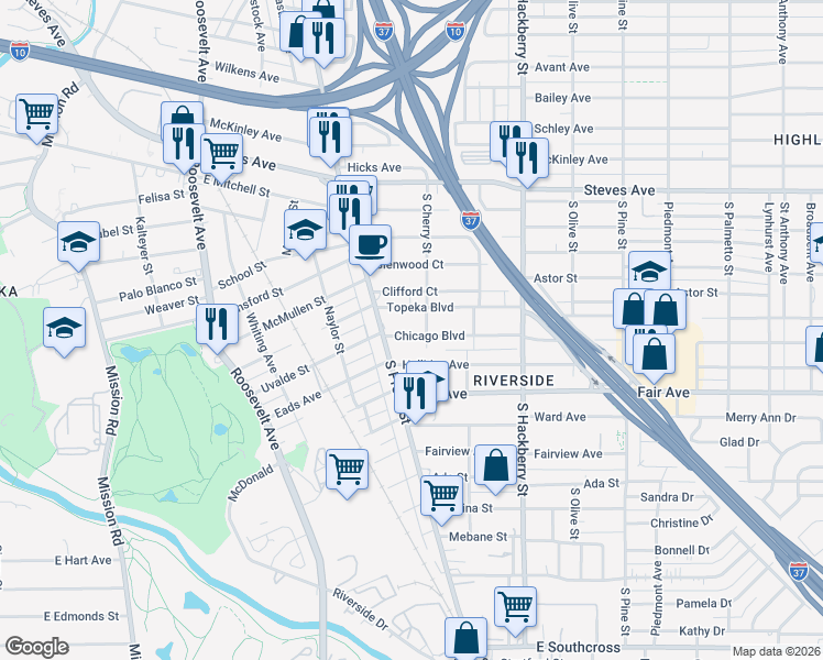 map of restaurants, bars, coffee shops, grocery stores, and more near 127 Chicago Boulevard in San Antonio