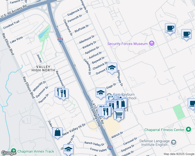 map of restaurants, bars, coffee shops, grocery stores, and more near 151 El Ray Drive in San Antonio