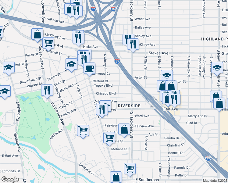 map of restaurants, bars, coffee shops, grocery stores, and more near 215 Chicago Boulevard in San Antonio