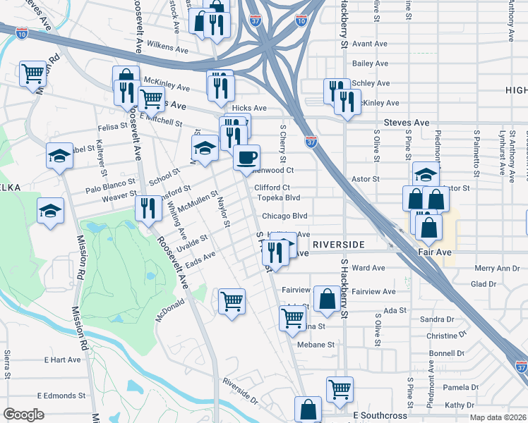 map of restaurants, bars, coffee shops, grocery stores, and more near 127 Chicago Boulevard in San Antonio