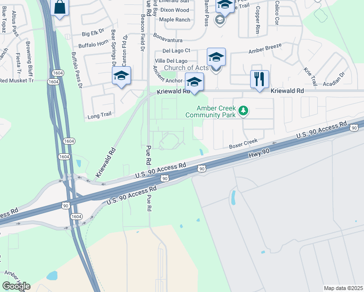 map of restaurants, bars, coffee shops, grocery stores, and more near 4500 Pue Road in San Antonio