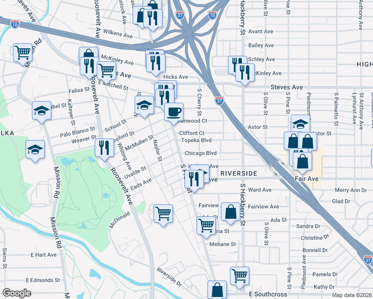 map of restaurants, bars, coffee shops, grocery stores, and more near 127 Chicago Boulevard in San Antonio