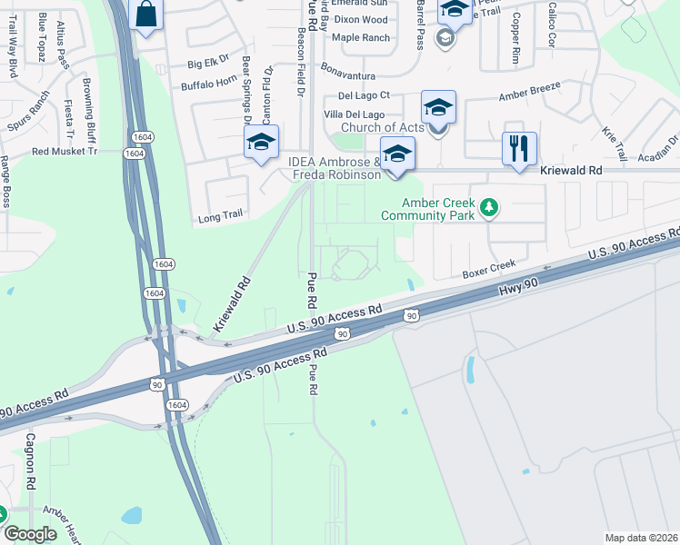 map of restaurants, bars, coffee shops, grocery stores, and more near 4500 Pue Road in San Antonio