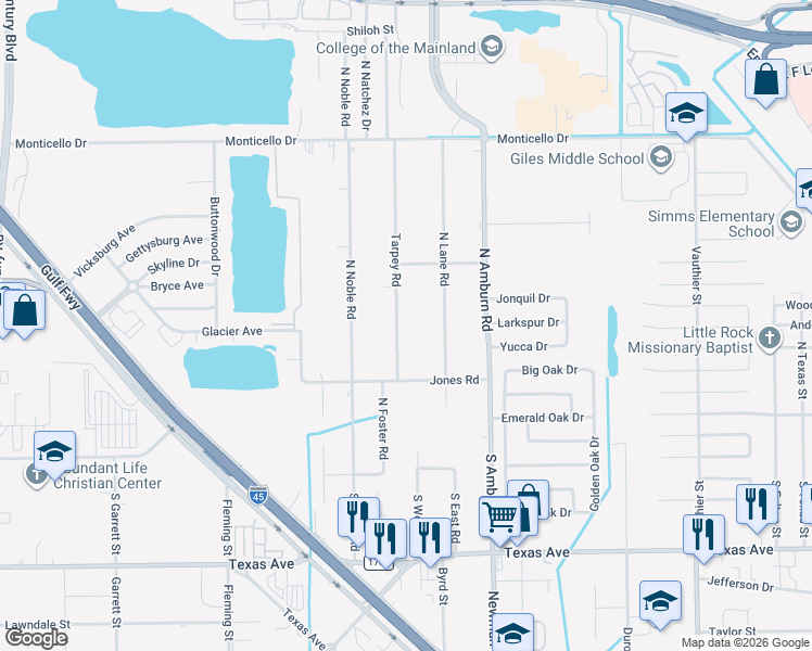 map of restaurants, bars, coffee shops, grocery stores, and more near 310 Tarpey Road in Texas City