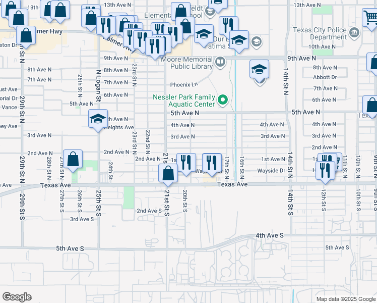 map of restaurants, bars, coffee shops, grocery stores, and more near 1901 2nd Avenue North in Texas City