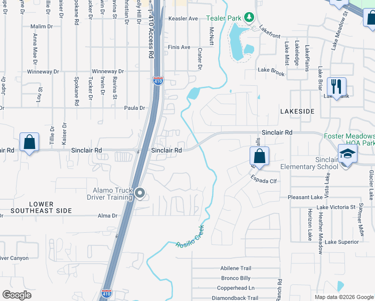 map of restaurants, bars, coffee shops, grocery stores, and more near 5233 Sinclair Road in San Antonio