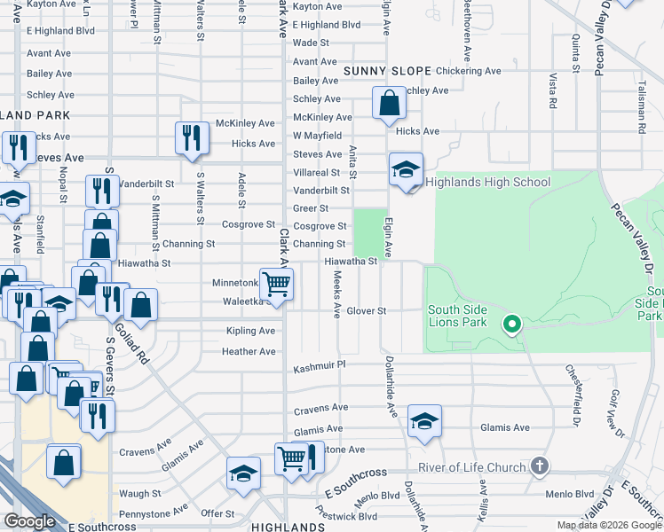 map of restaurants, bars, coffee shops, grocery stores, and more near 3600 Hallie Avenue in San Antonio