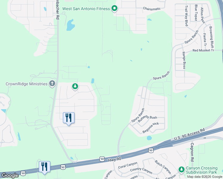 map of restaurants, bars, coffee shops, grocery stores, and more near 4526 Badger Crest in San Antonio