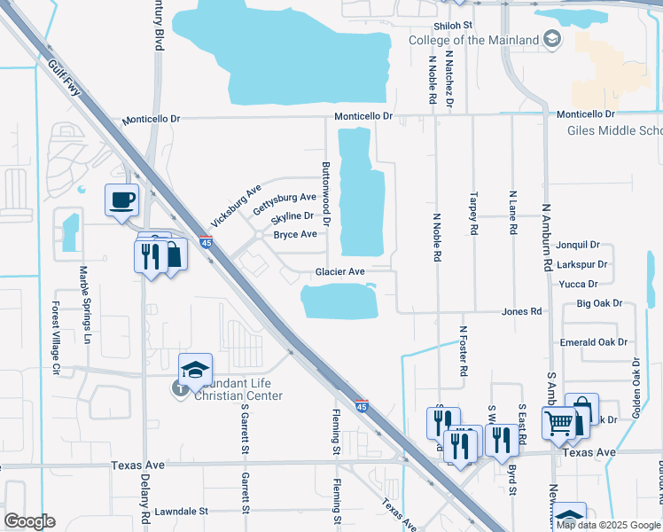 map of restaurants, bars, coffee shops, grocery stores, and more near 8928 Glacier Avenue in Texas City