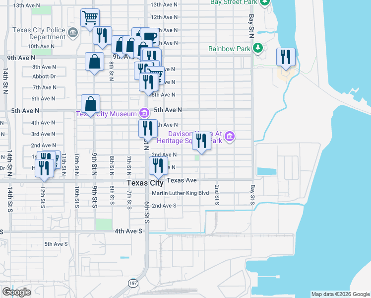 map of restaurants, bars, coffee shops, grocery stores, and more near 210 4th Street North in Texas City
