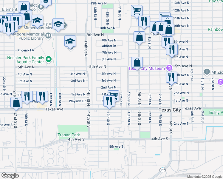 map of restaurants, bars, coffee shops, grocery stores, and more near 1129 2nd Avenue North in Texas City