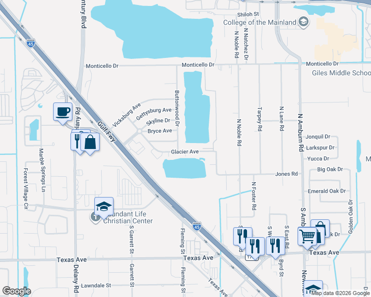 map of restaurants, bars, coffee shops, grocery stores, and more near 8928 Glacier Avenue in Texas City