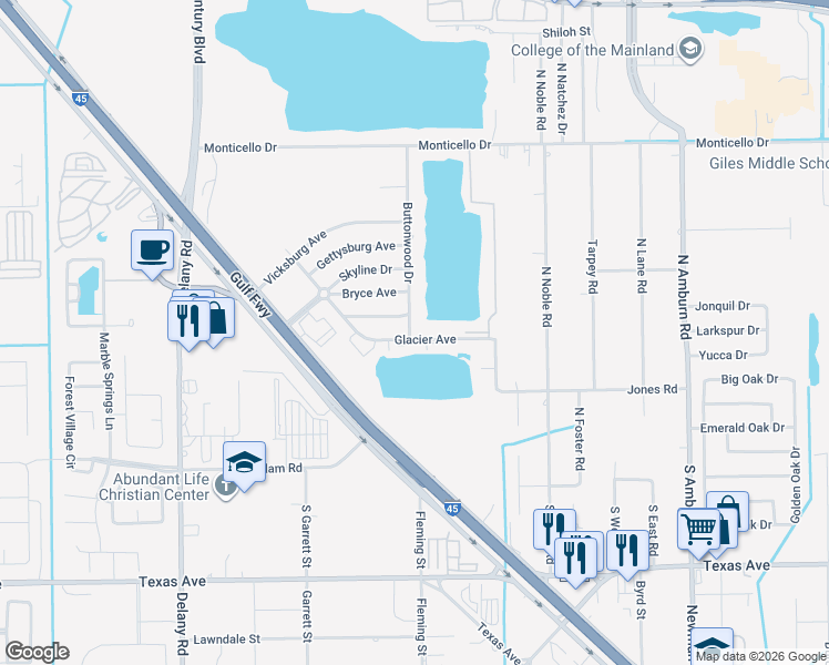 map of restaurants, bars, coffee shops, grocery stores, and more near 8928 Glacier Avenue in Texas City
