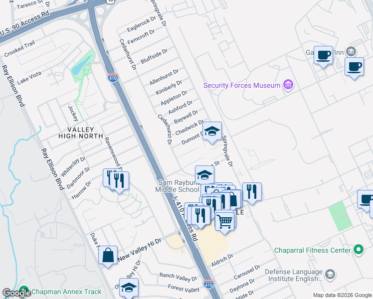 map of restaurants, bars, coffee shops, grocery stores, and more near 151 El Ray Drive in San Antonio