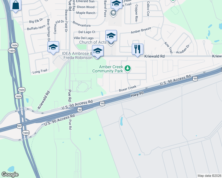 map of restaurants, bars, coffee shops, grocery stores, and more near 4530 Olympus Bay in San Antonio
