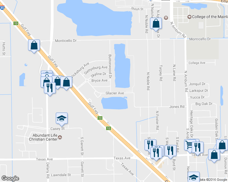 map of restaurants, bars, coffee shops, grocery stores, and more near 8928 Glacier Avenue in Texas City