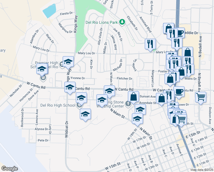 map of restaurants, bars, coffee shops, grocery stores, and more near 601 West Cantu Road in Del Rio