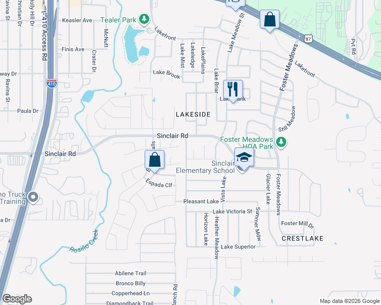 map of restaurants, bars, coffee shops, grocery stores, and more near 3119 Barkley Lake in San Antonio