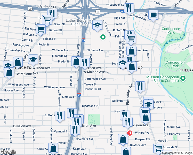 map of restaurants, bars, coffee shops, grocery stores, and more near 223 Cottonwood Avenue in San Antonio