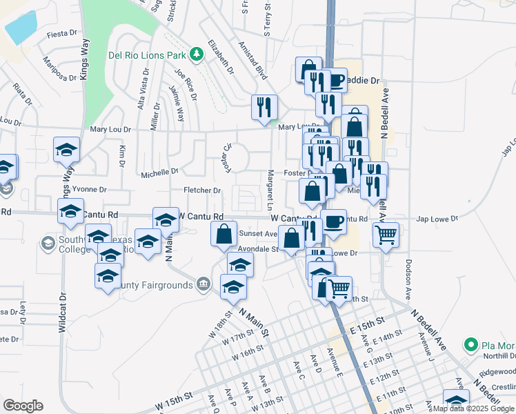 map of restaurants, bars, coffee shops, grocery stores, and more near 104 Margaret Lane in Del Rio