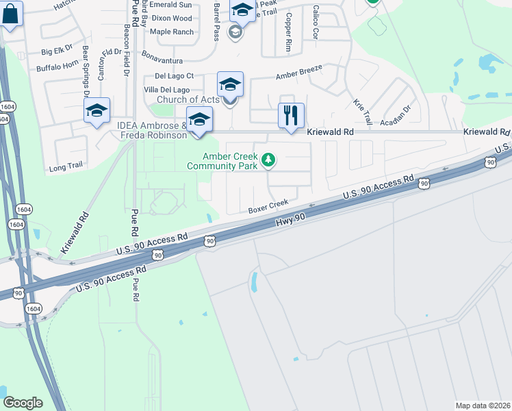 map of restaurants, bars, coffee shops, grocery stores, and more near 9930 Boxer Creek in San Antonio