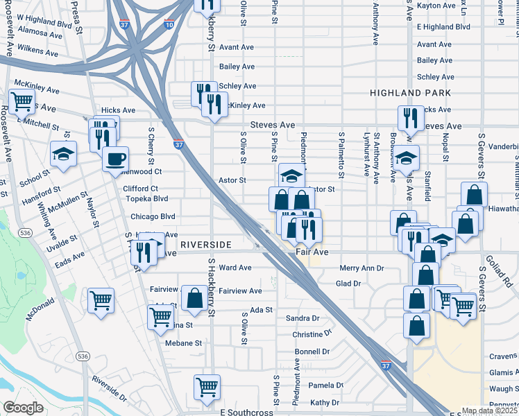map of restaurants, bars, coffee shops, grocery stores, and more near 522 Topeka Blvd in San Antonio