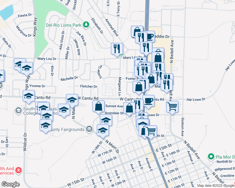 map of restaurants, bars, coffee shops, grocery stores, and more near 104 Margaret Lane in Del Rio