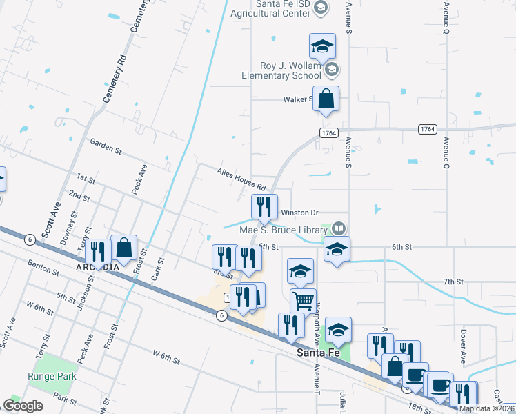map of restaurants, bars, coffee shops, grocery stores, and more near 13722 Farm to Market Road 1764 in Santa Fe