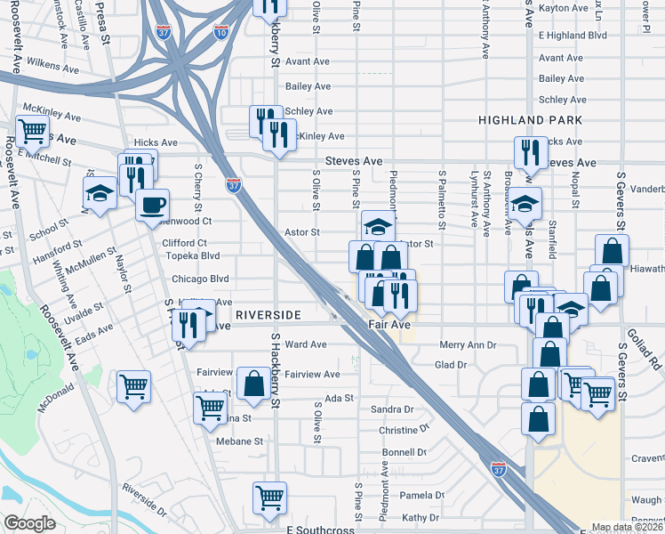 map of restaurants, bars, coffee shops, grocery stores, and more near 522 Topeka Boulevard in San Antonio