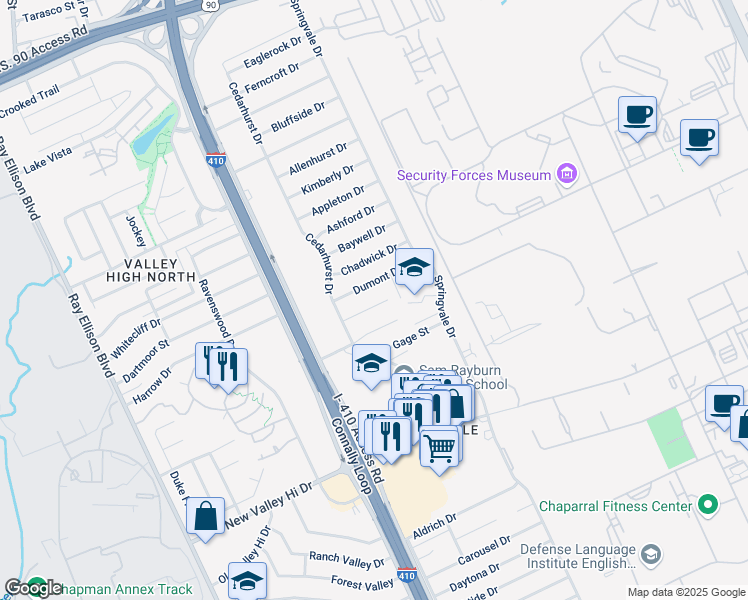 map of restaurants, bars, coffee shops, grocery stores, and more near 151 El Ray Drive in San Antonio