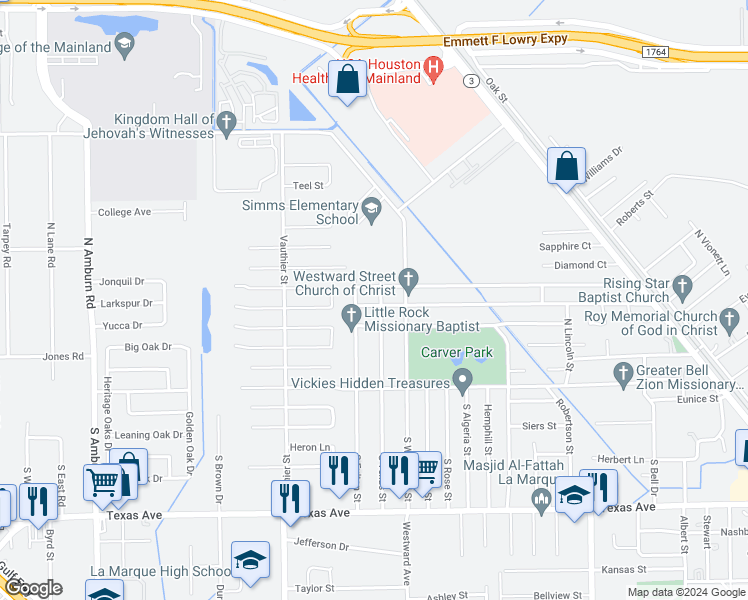 map of restaurants, bars, coffee shops, grocery stores, and more near 7006 Anderson Street in Texas City