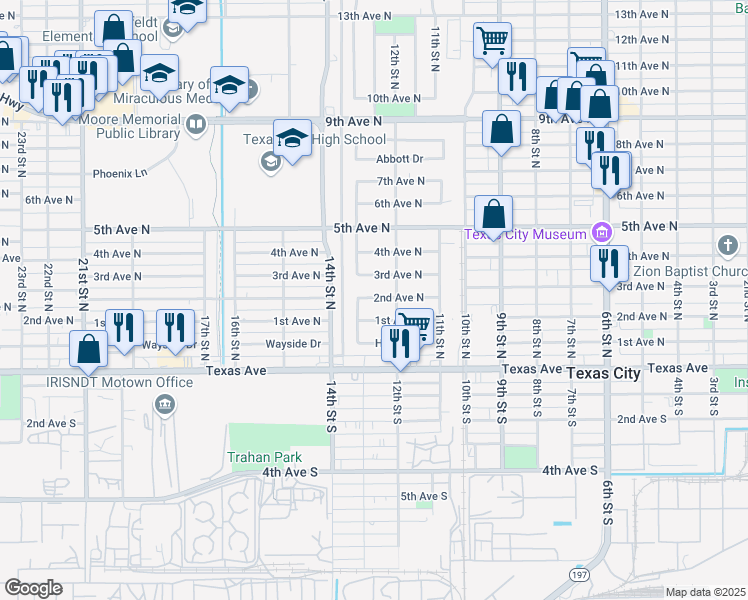 map of restaurants, bars, coffee shops, grocery stores, and more near 1223 2nd Avenue North in Texas City
