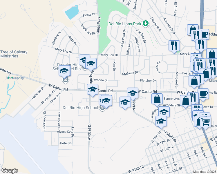 map of restaurants, bars, coffee shops, grocery stores, and more near 118 Katrina Drive in Del Rio