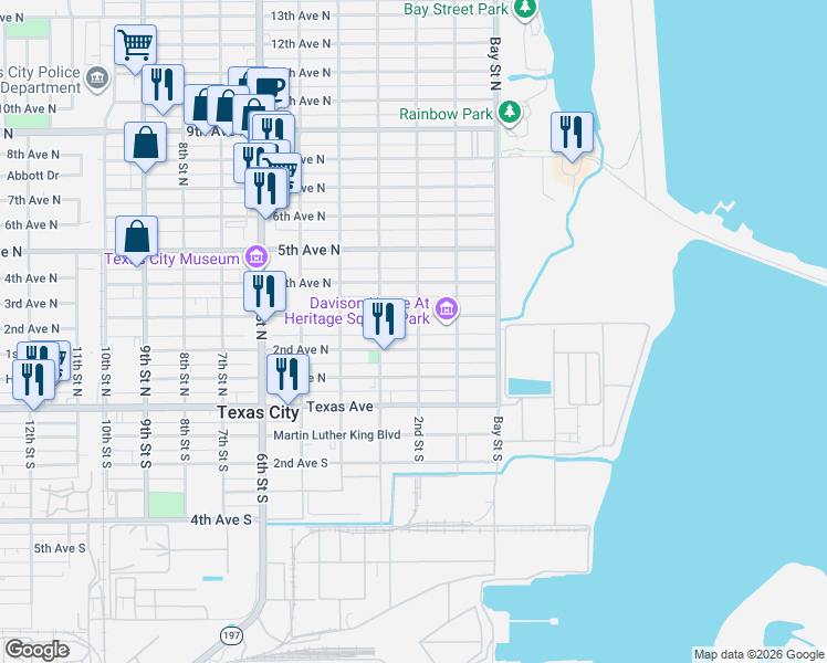map of restaurants, bars, coffee shops, grocery stores, and more near 111 3rd Avenue North in Texas City