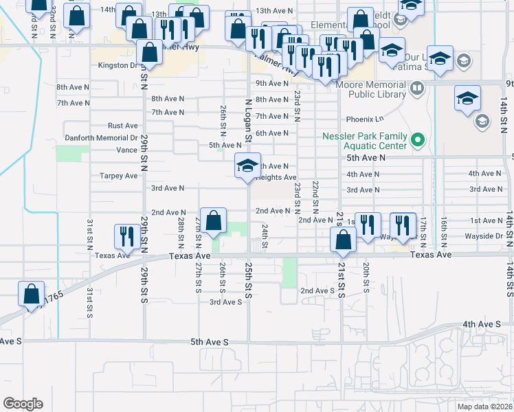 map of restaurants, bars, coffee shops, grocery stores, and more near 202 25th Street North in Texas City