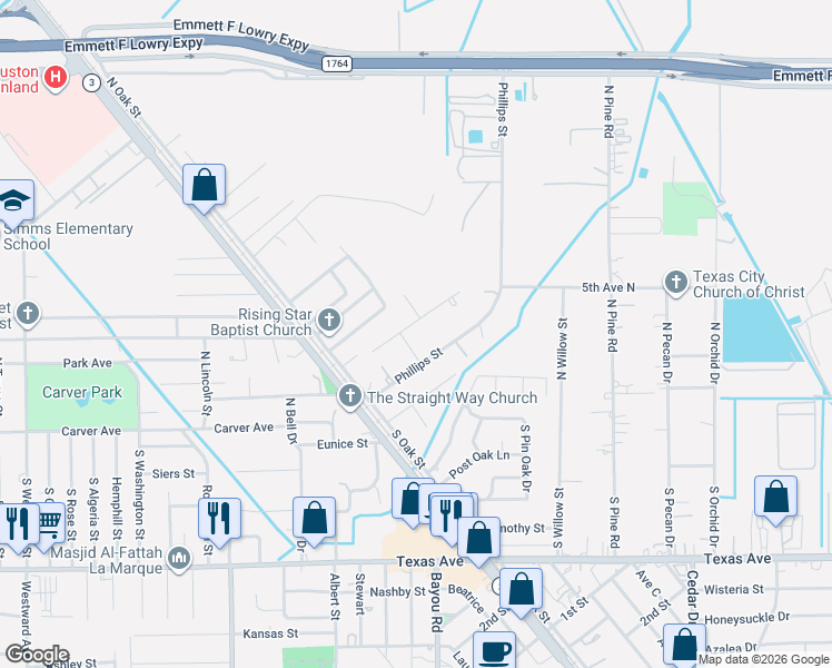 map of restaurants, bars, coffee shops, grocery stores, and more near 5413 Evelyn Street in Texas City