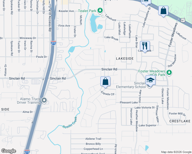 map of restaurants, bars, coffee shops, grocery stores, and more near 3519 Salado Brook in San Antonio