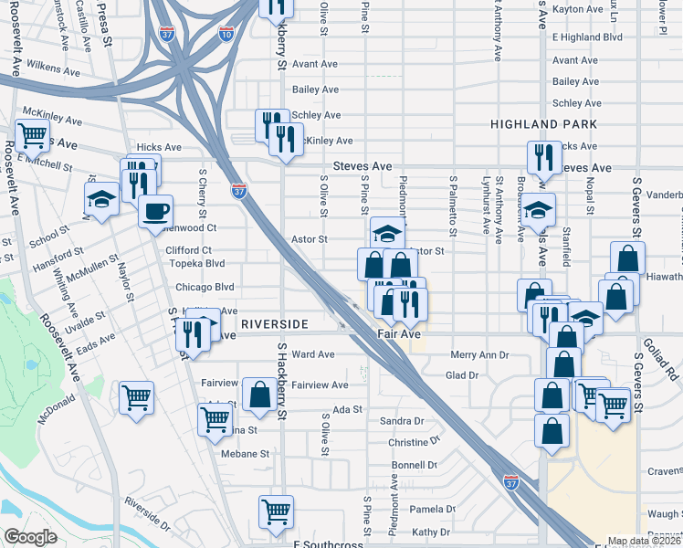 map of restaurants, bars, coffee shops, grocery stores, and more near 522 Topeka Boulevard in San Antonio