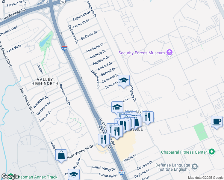 map of restaurants, bars, coffee shops, grocery stores, and more near 151 El Ray Drive in San Antonio