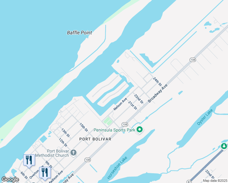 map of restaurants, bars, coffee shops, grocery stores, and more near 2012 Laguna Harbor Cove Boulevard in Bolivar Peninsula