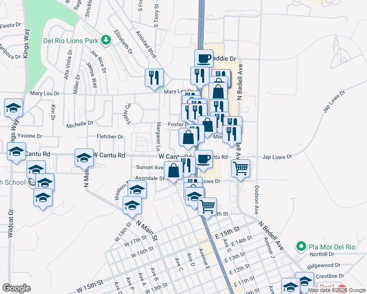 map of restaurants, bars, coffee shops, grocery stores, and more near 117 Trey Drive in Del Rio