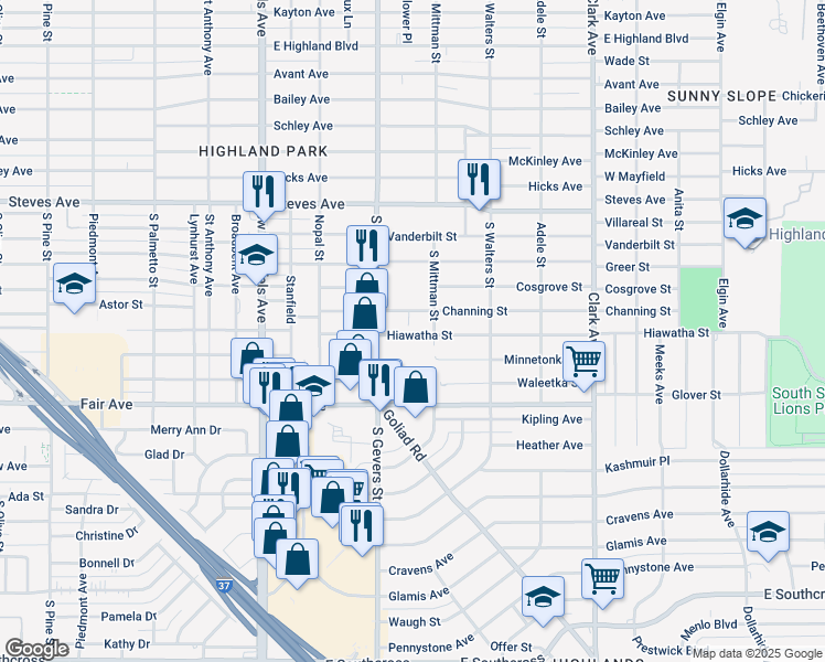 map of restaurants, bars, coffee shops, grocery stores, and more near 2435 Hiawatha Street in San Antonio