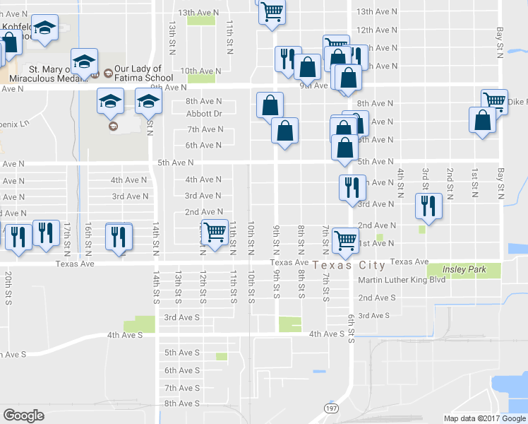 map of restaurants, bars, coffee shops, grocery stores, and more near 917 3rd Avenue North in Texas City