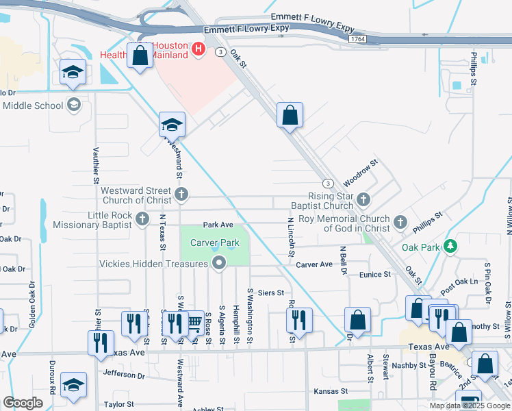 map of restaurants, bars, coffee shops, grocery stores, and more near 6322 Anderson Street in Texas City