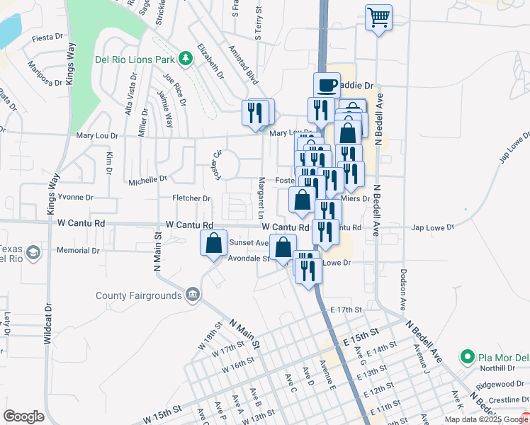 map of restaurants, bars, coffee shops, grocery stores, and more near 101 Mercedez Drive in Del Rio