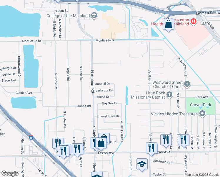 map of restaurants, bars, coffee shops, grocery stores, and more near 7912 Larkspur Drive in Texas City