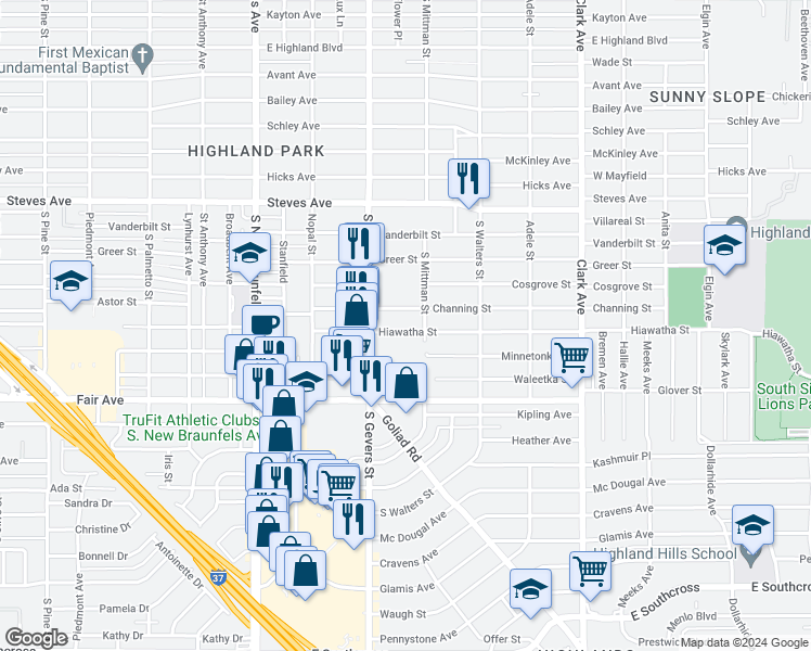 map of restaurants, bars, coffee shops, grocery stores, and more near 2435 Hiawatha Street in San Antonio