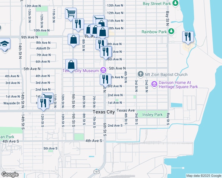 map of restaurants, bars, coffee shops, grocery stores, and more near 513 3rd Avenue North in Texas City