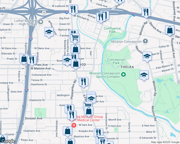 map of restaurants, bars, coffee shops, grocery stores, and more near 226 East Malone in San Antonio