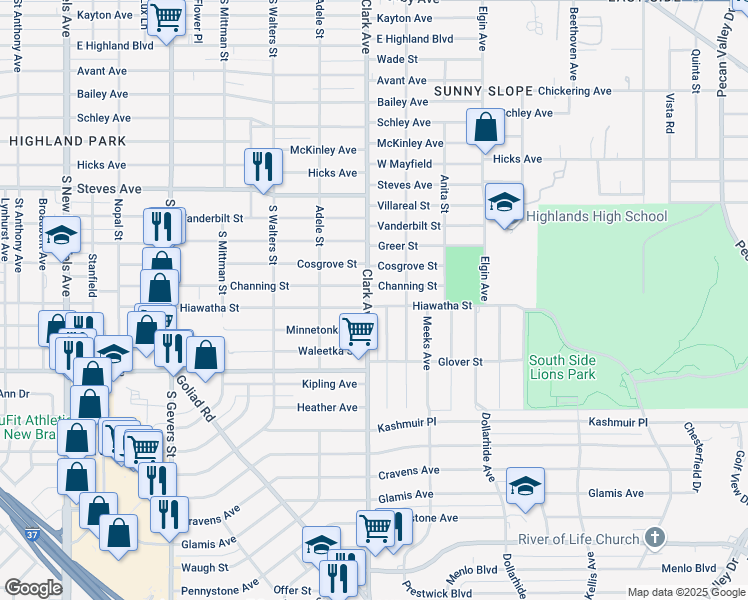 map of restaurants, bars, coffee shops, grocery stores, and more near 2803 Hiawatha Street in San Antonio